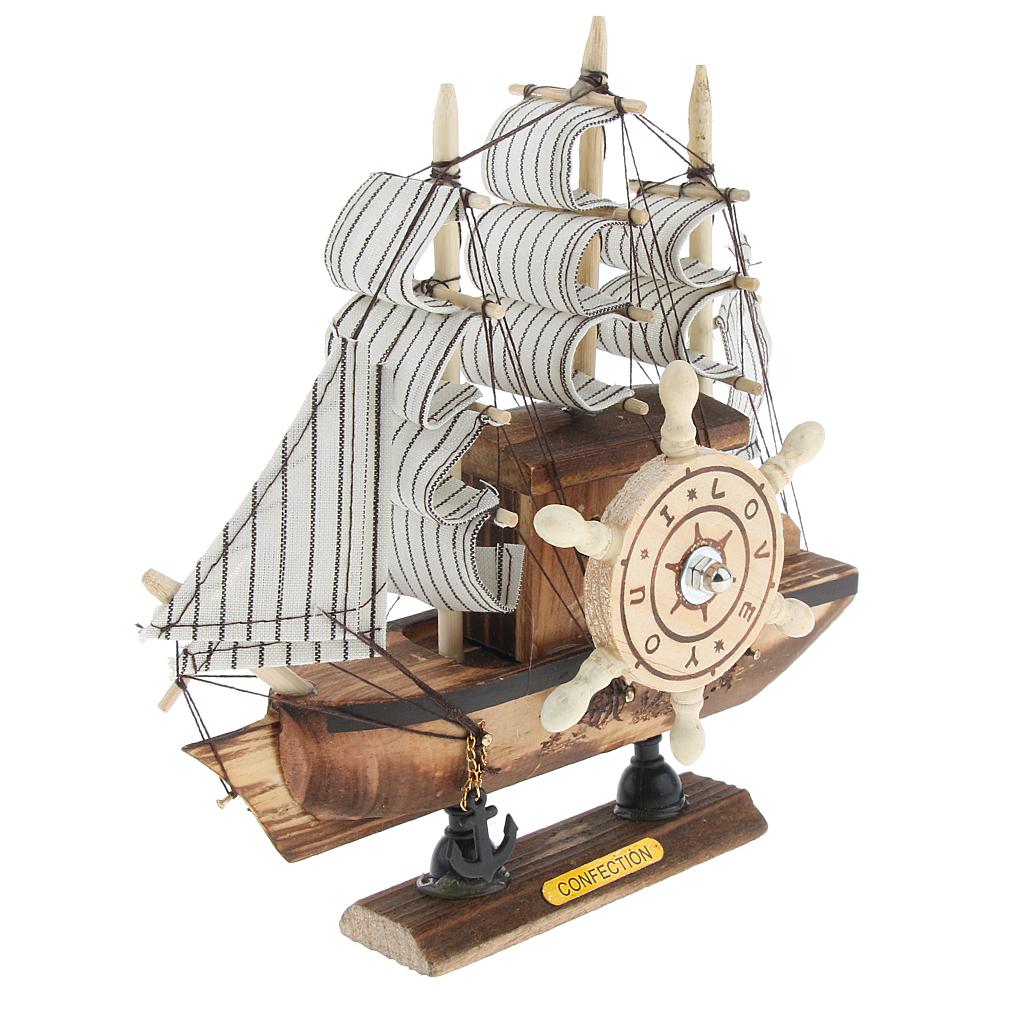 Mediterranean Style Handmade Wooden Sailboat Model Decor Boat Gift 3-Color C