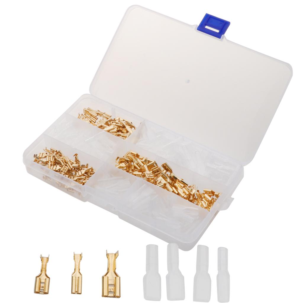 150 Sets 2.8mm 4.8mm 6.3mm Female Spade Crimp Terminals with Sleeves Gold