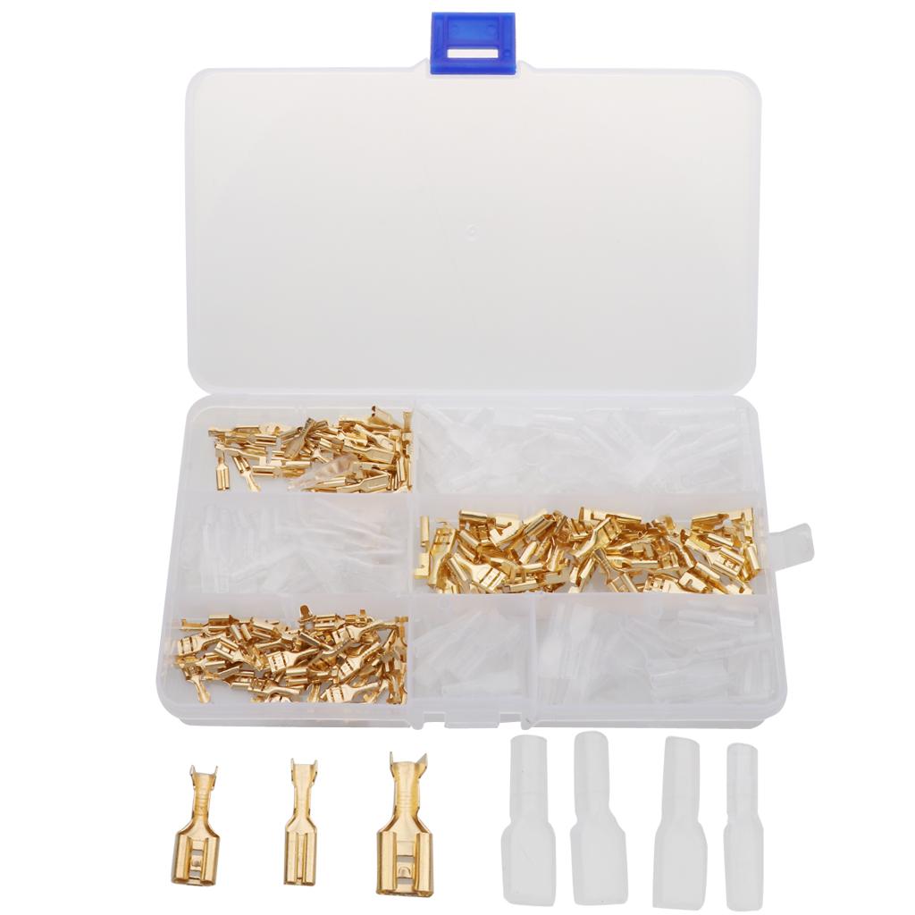 150 Sets 2.8mm 4.8mm 6.3mm Female Spade Crimp Terminals with Sleeves Gold