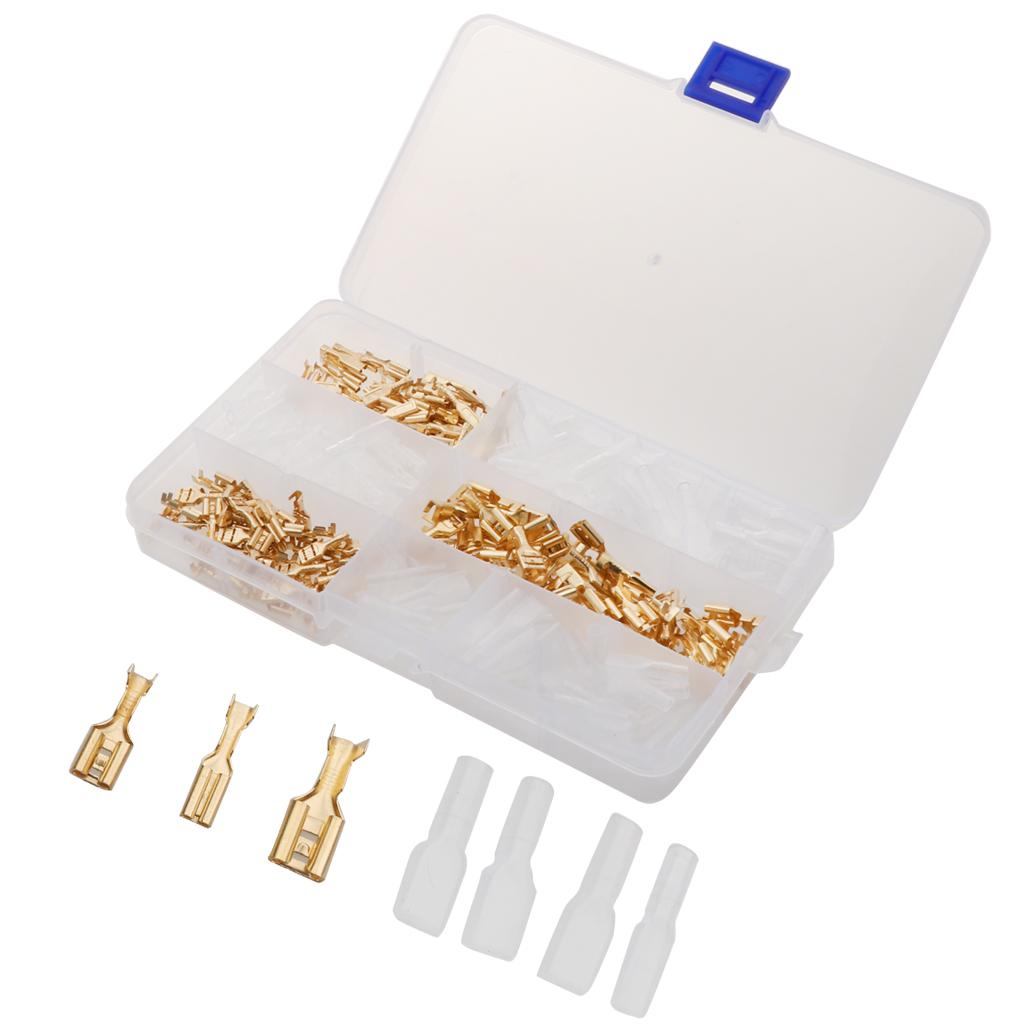 150 Sets 2.8mm 4.8mm 6.3mm Female Spade Crimp Terminals with Sleeves Gold