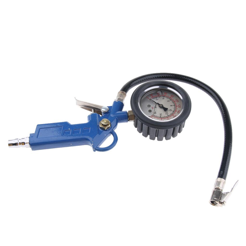 Vehicle Tire Inflator With Air Pressure Gauge Chuck Flexible Hose Blue, Zinc alloy inflator body, solid and durable