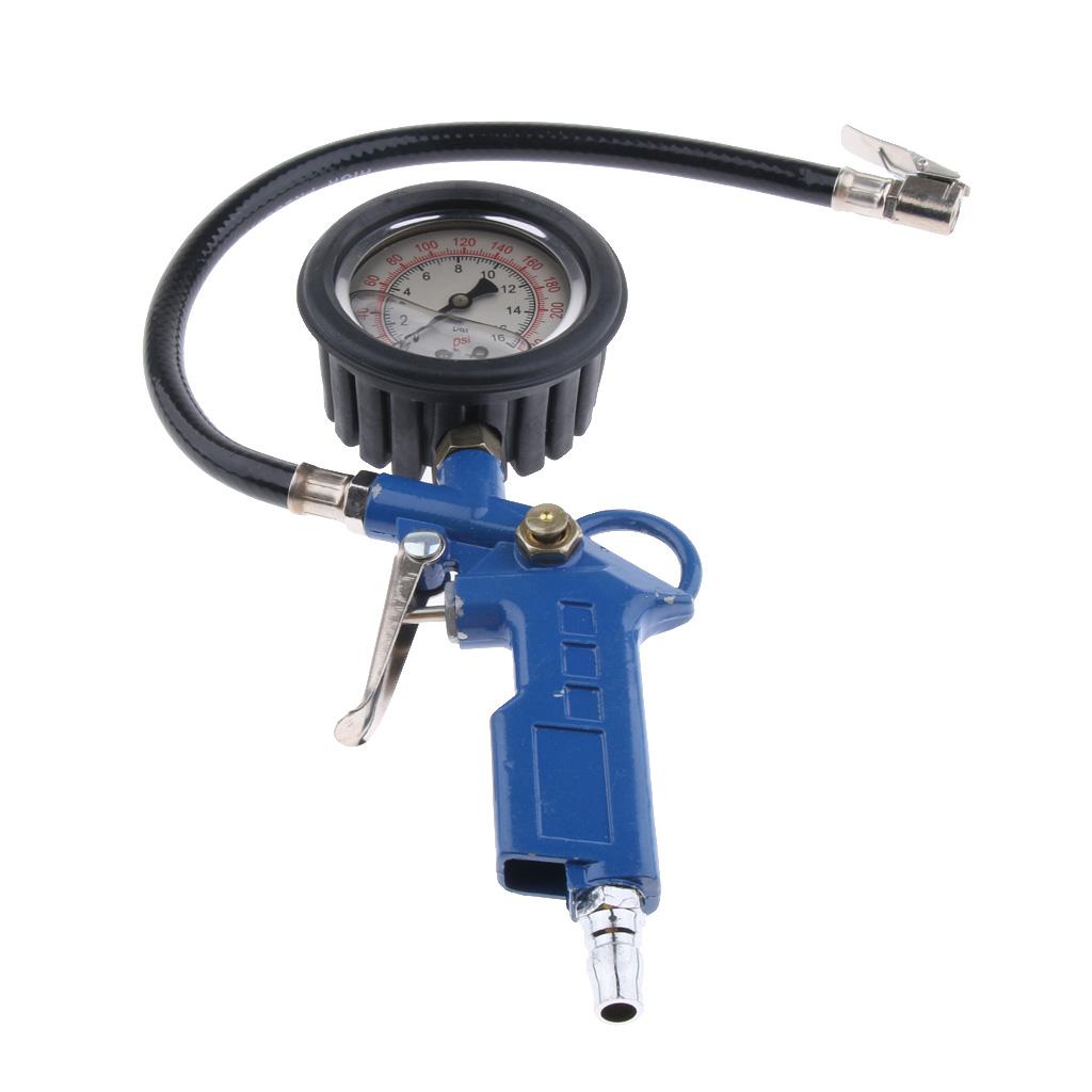 Vehicle Tire Inflator With Air Pressure Gauge Chuck Flexible Hose Blue, Zinc alloy inflator body, solid and durable