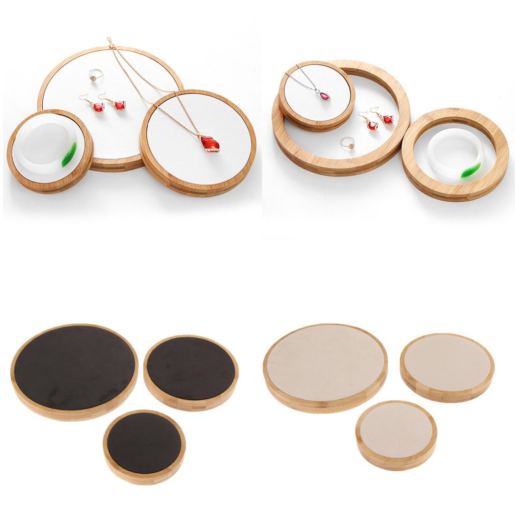 3Pcs/Set Solid Wood Round Shape Jewelry Display Stand with Microfiber Beige