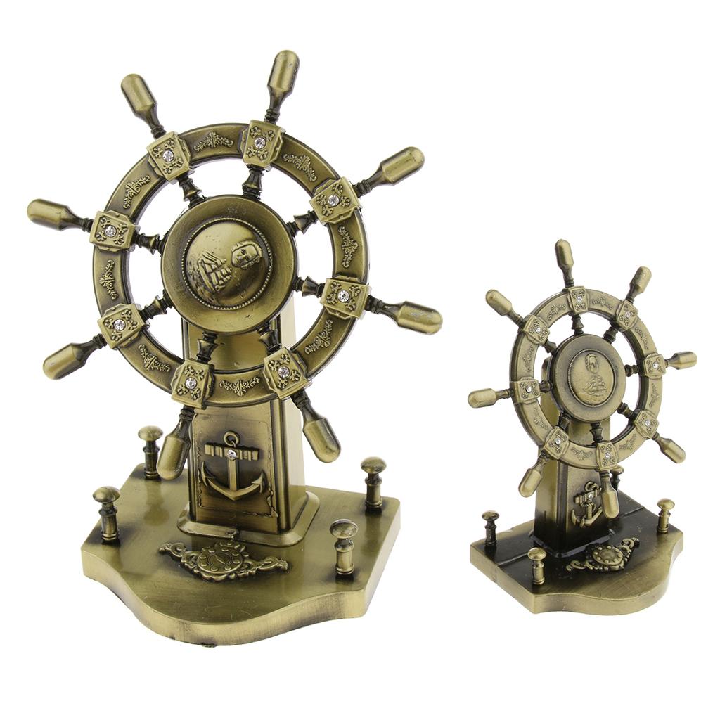 Retro Metal Ship Steering Wheel Helm Model Figurine Home Office Decor 10x6x12CM