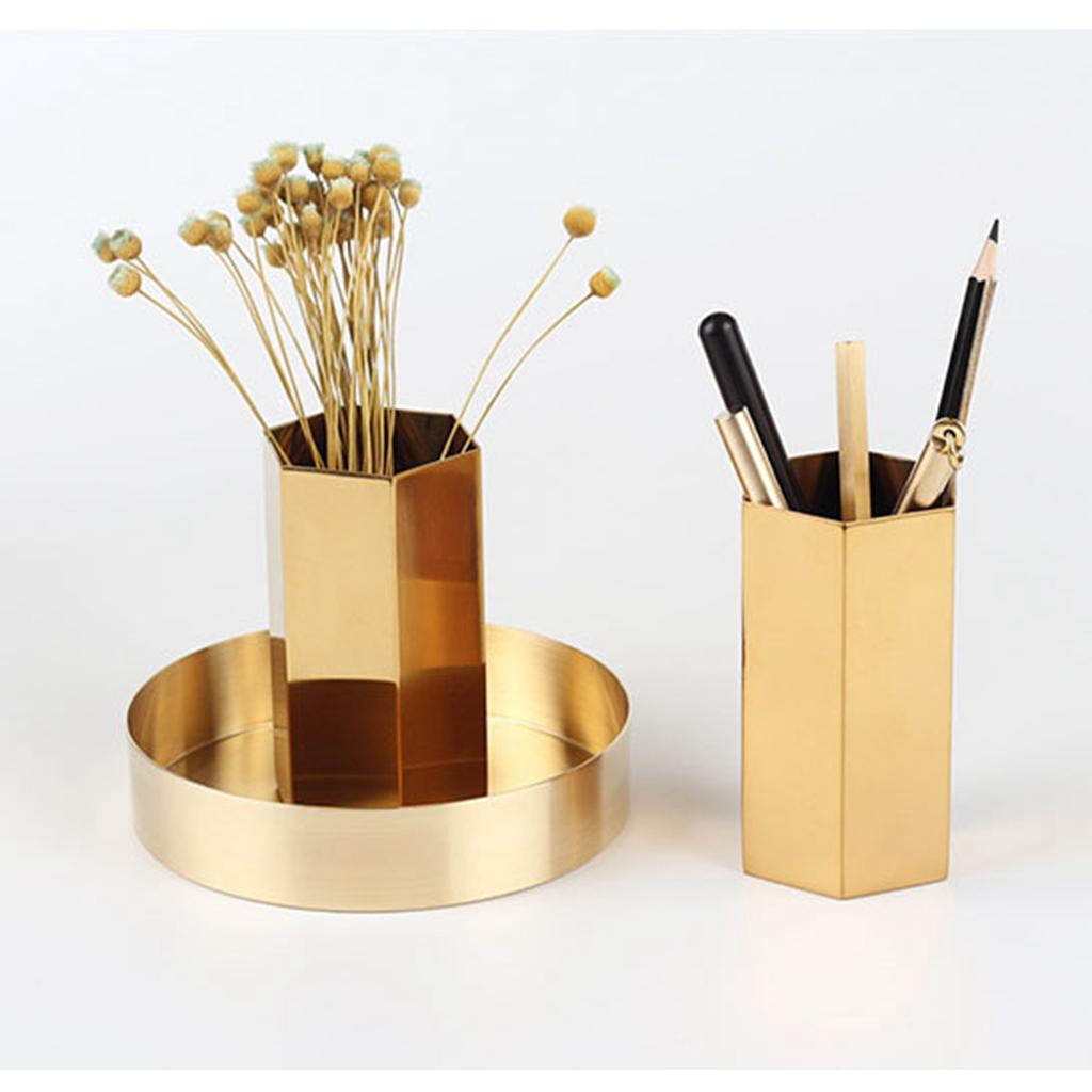 Gold Hexagonal Pen Pot, Featuring a polygon-shaped metal pencil holder with modern style, simple metal plated