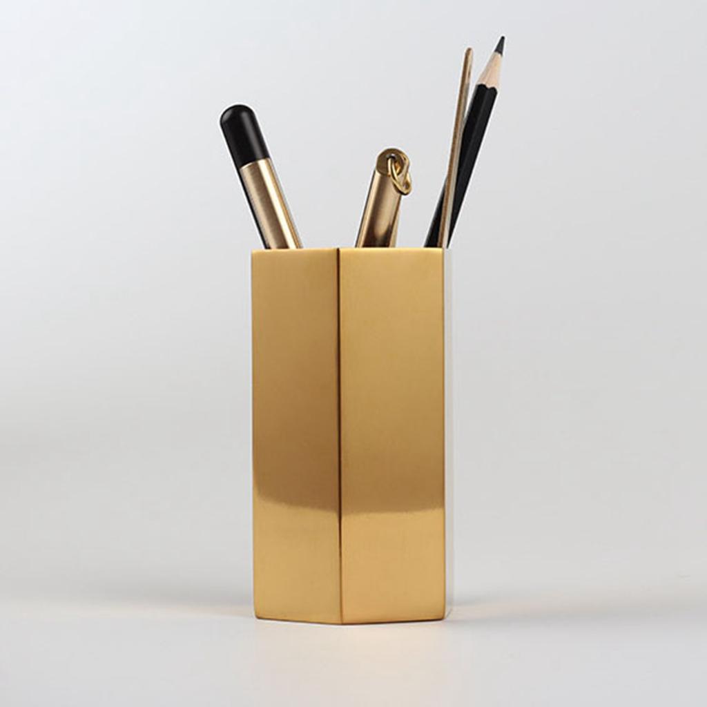 Gold Hexagonal Pen Pot, Featuring a polygon-shaped metal pencil holder with modern style, simple metal plated