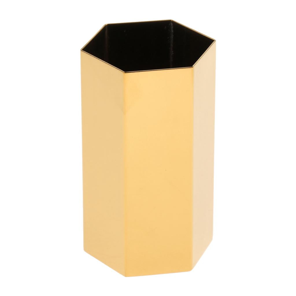 Gold Hexagonal Pen Pot, Featuring a polygon-shaped metal pencil holder with modern style, simple metal plated