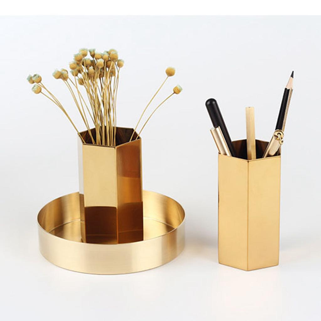 Gold Hexagonal Pen Pot, Featuring a polygon-shaped metal pencil holder with modern style, simple metal plated