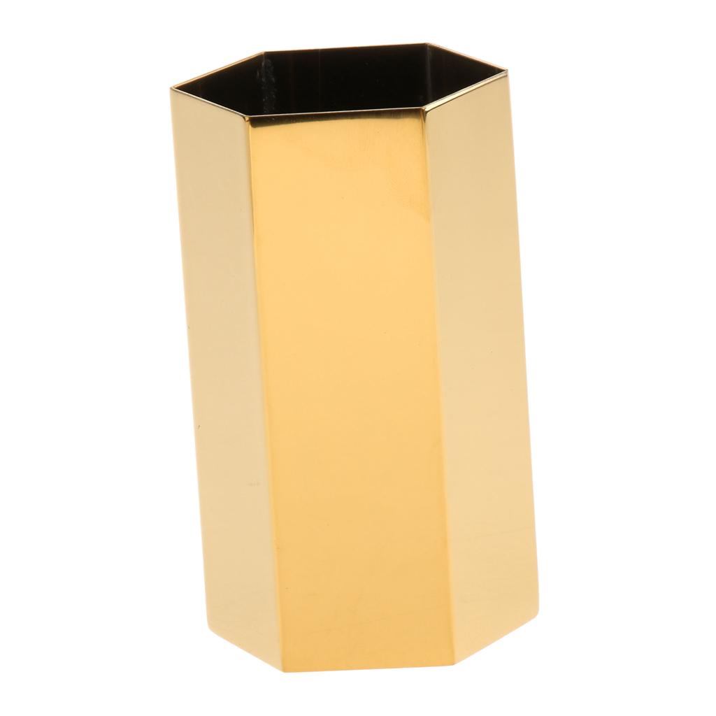 Gold Hexagonal Pen Pot, Featuring a polygon-shaped metal pencil holder with modern style, simple metal plated