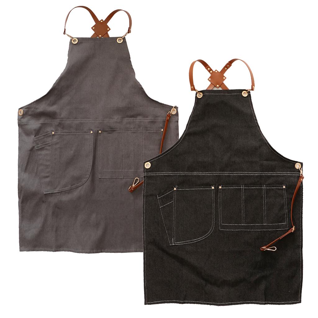 Adjustable Cross Back Stripes Denim Work Apron with Multi Pockets G Black