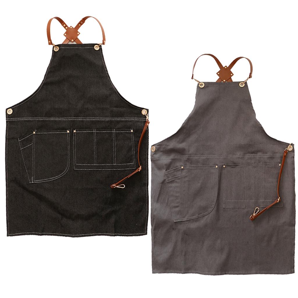 Adjustable Cross Back Stripes Denim Work Apron with Multi Pockets G Black