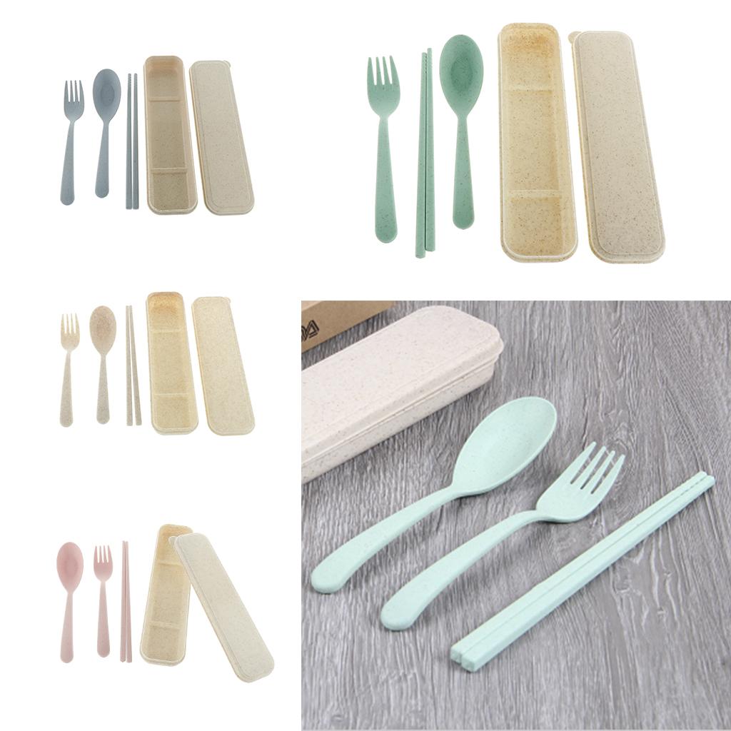 3Pcs Travel Outdoor Tableware Set Spoon Fork Chopsticks with Case Green