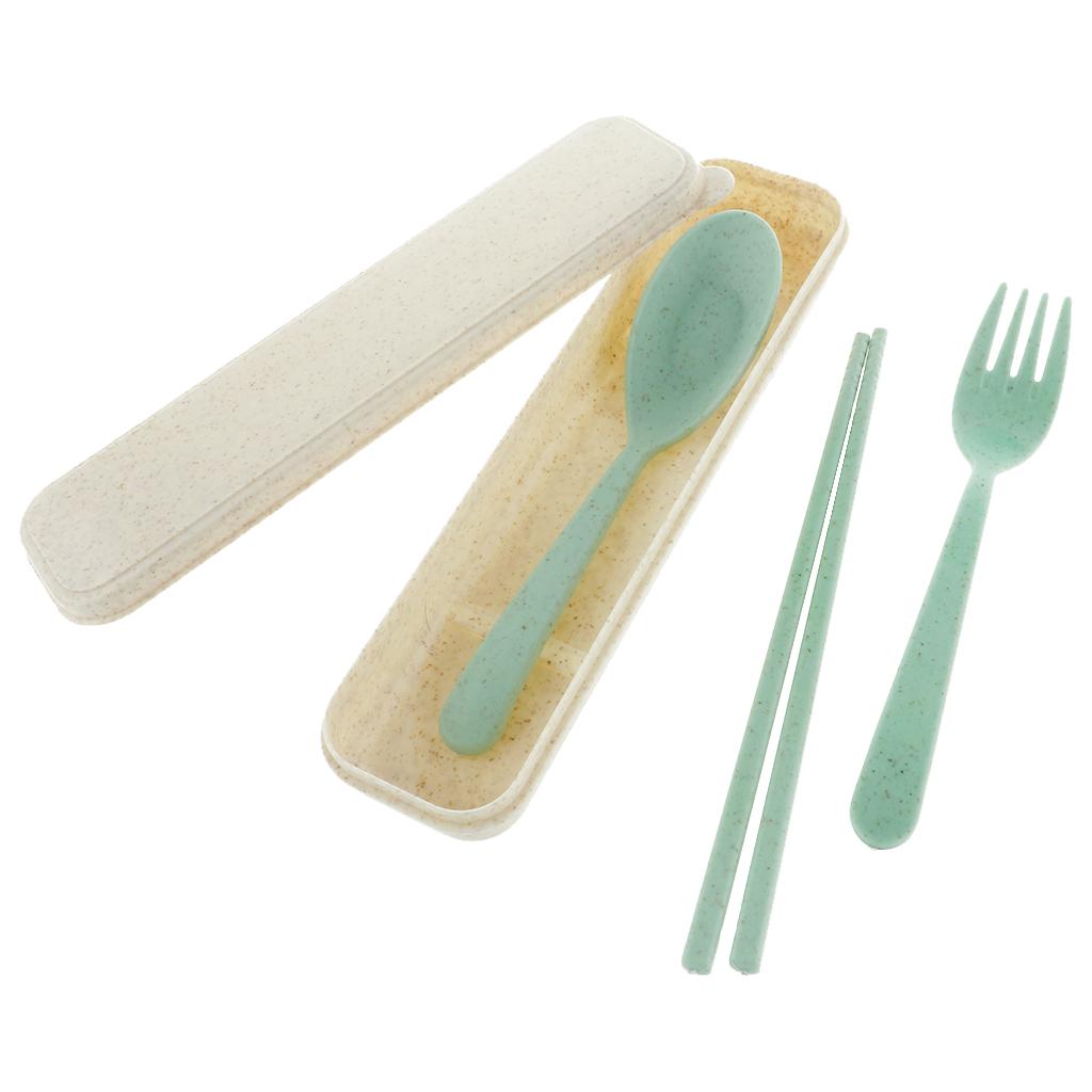 3Pcs Travel Outdoor Tableware Set Spoon Fork Chopsticks with Case Green