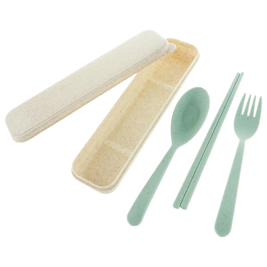 3Pcs Travel Outdoor Tableware Set Spoon Fork Chopsticks with Case Green