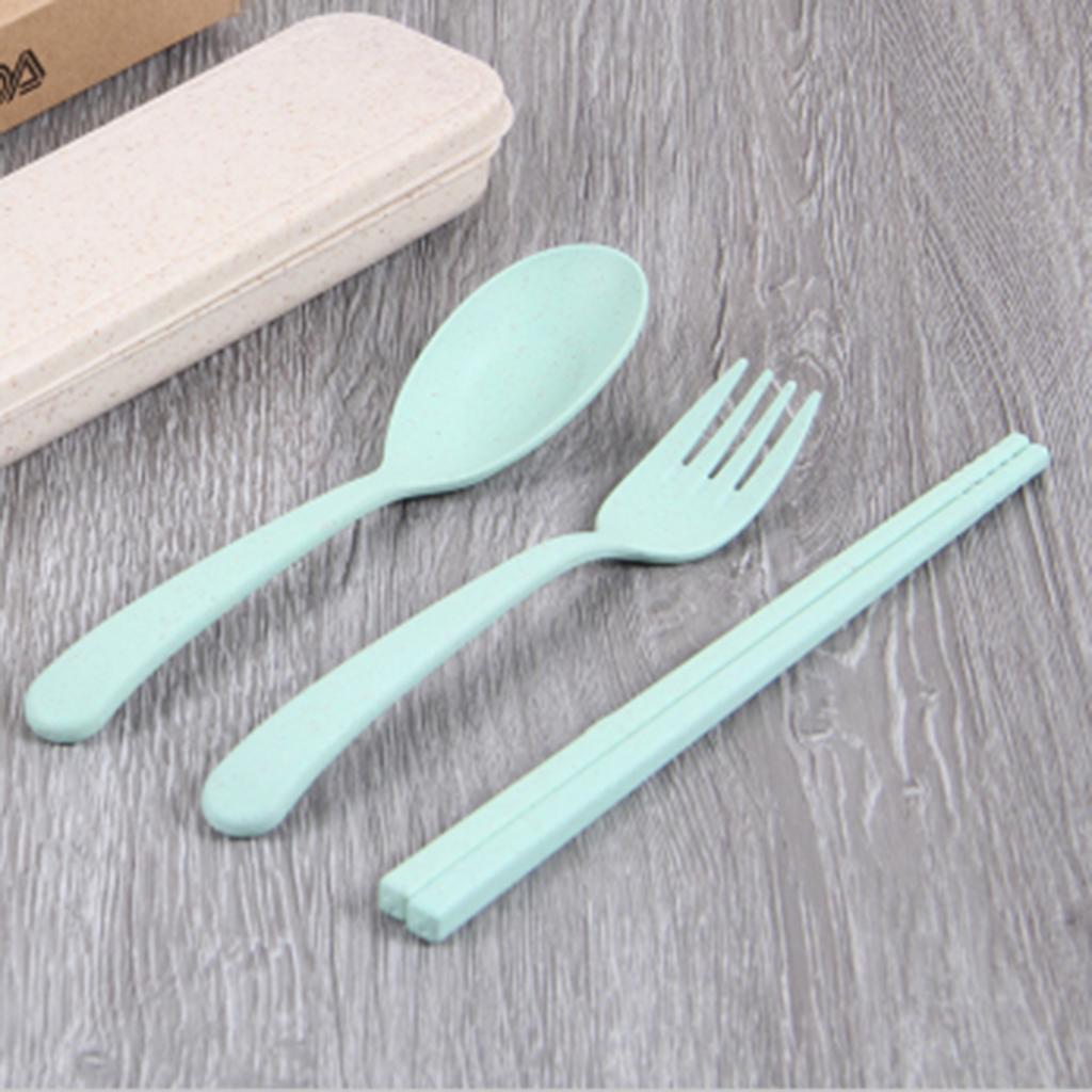 3Pcs Travel Outdoor Tableware Set Spoon Fork Chopsticks with Case Green