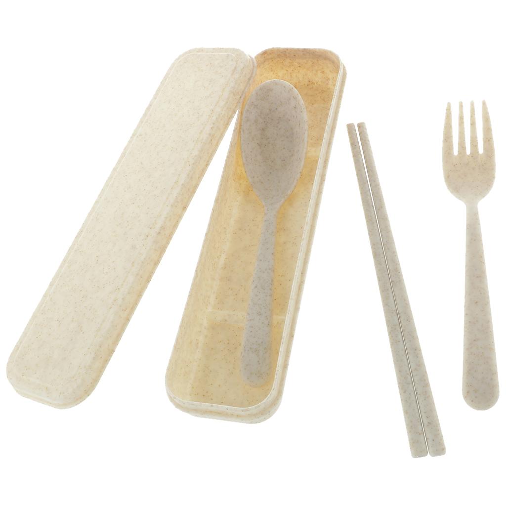 3Pcs Travel Outdoor Tableware Set Spoon Fork Chopsticks with Case Beige