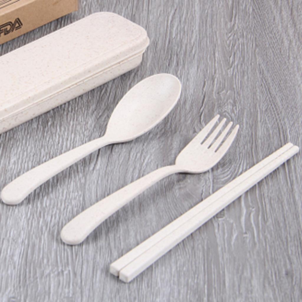 3Pcs Travel Outdoor Tableware Set Spoon Fork Chopsticks with Case Beige