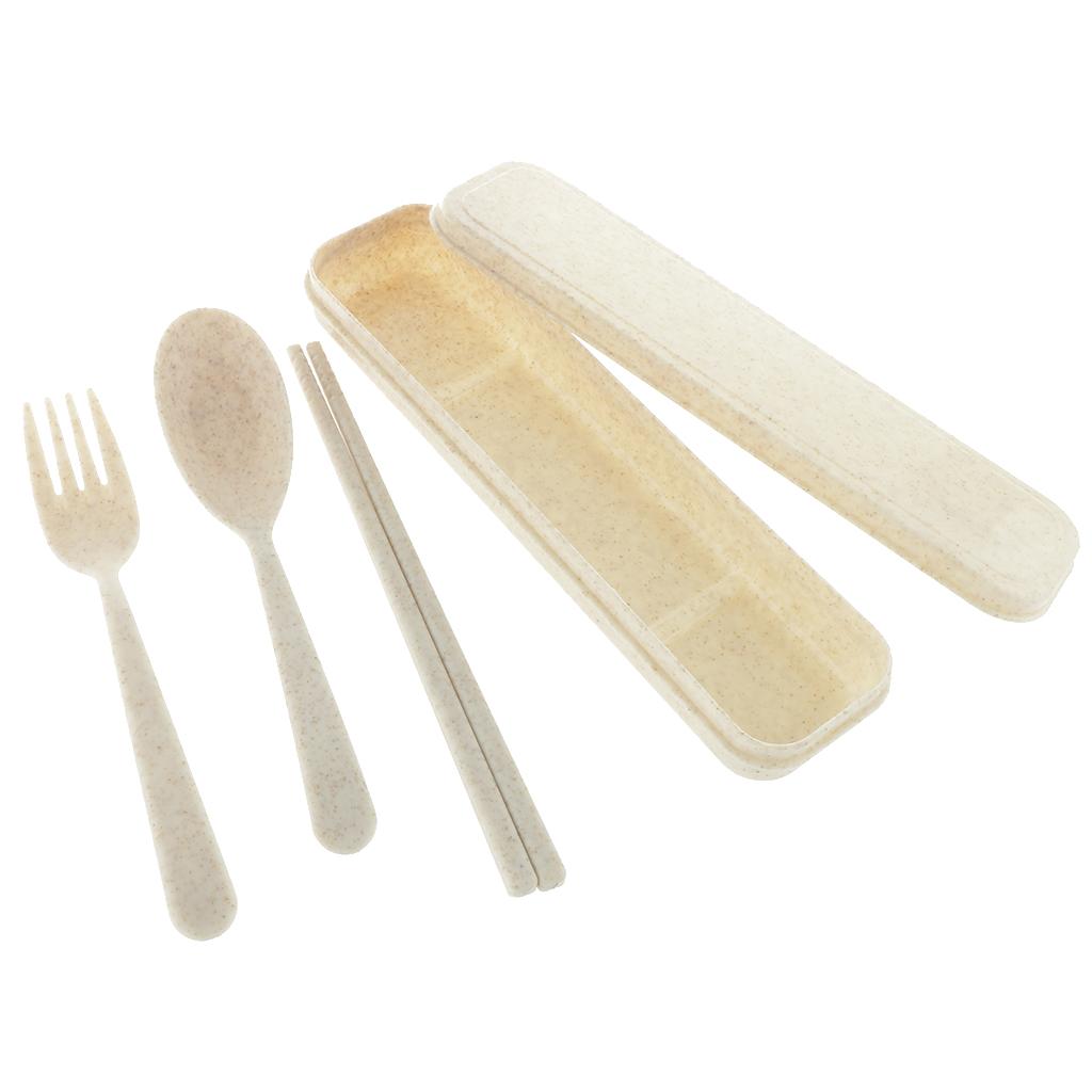 3Pcs Travel Outdoor Tableware Set Spoon Fork Chopsticks with Case Beige