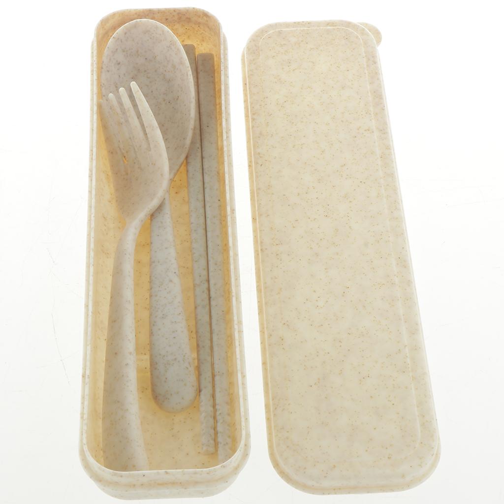 3Pcs Travel Outdoor Tableware Set Spoon Fork Chopsticks with Case Beige