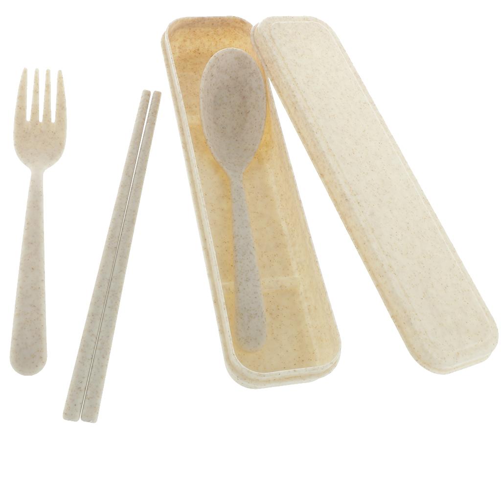 3Pcs Travel Outdoor Tableware Set Spoon Fork Chopsticks with Case Beige