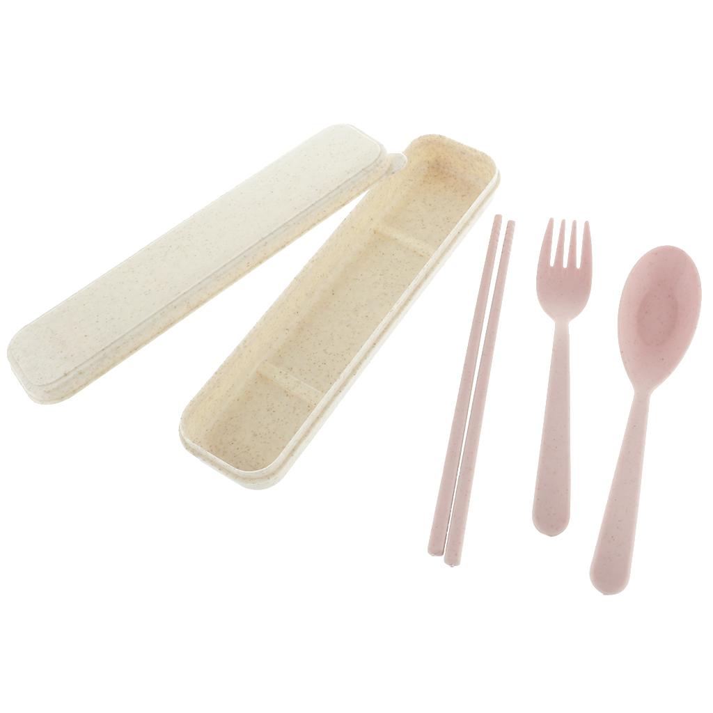 3Pcs Travel Outdoor Tableware Set Spoon Fork Chopsticks with Case Pink