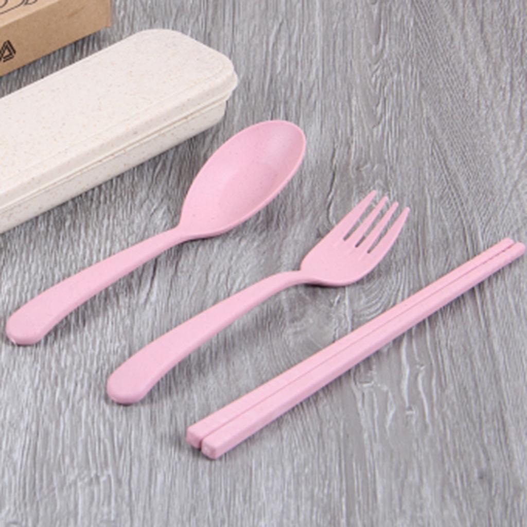 3Pcs Travel Outdoor Tableware Set Spoon Fork Chopsticks with Case Pink