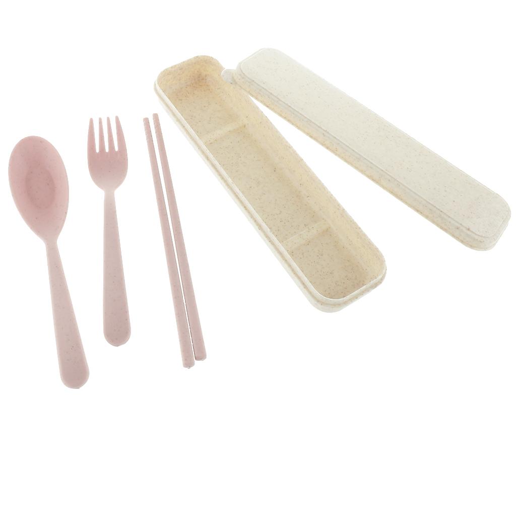 3Pcs Travel Outdoor Tableware Set Spoon Fork Chopsticks with Case Pink