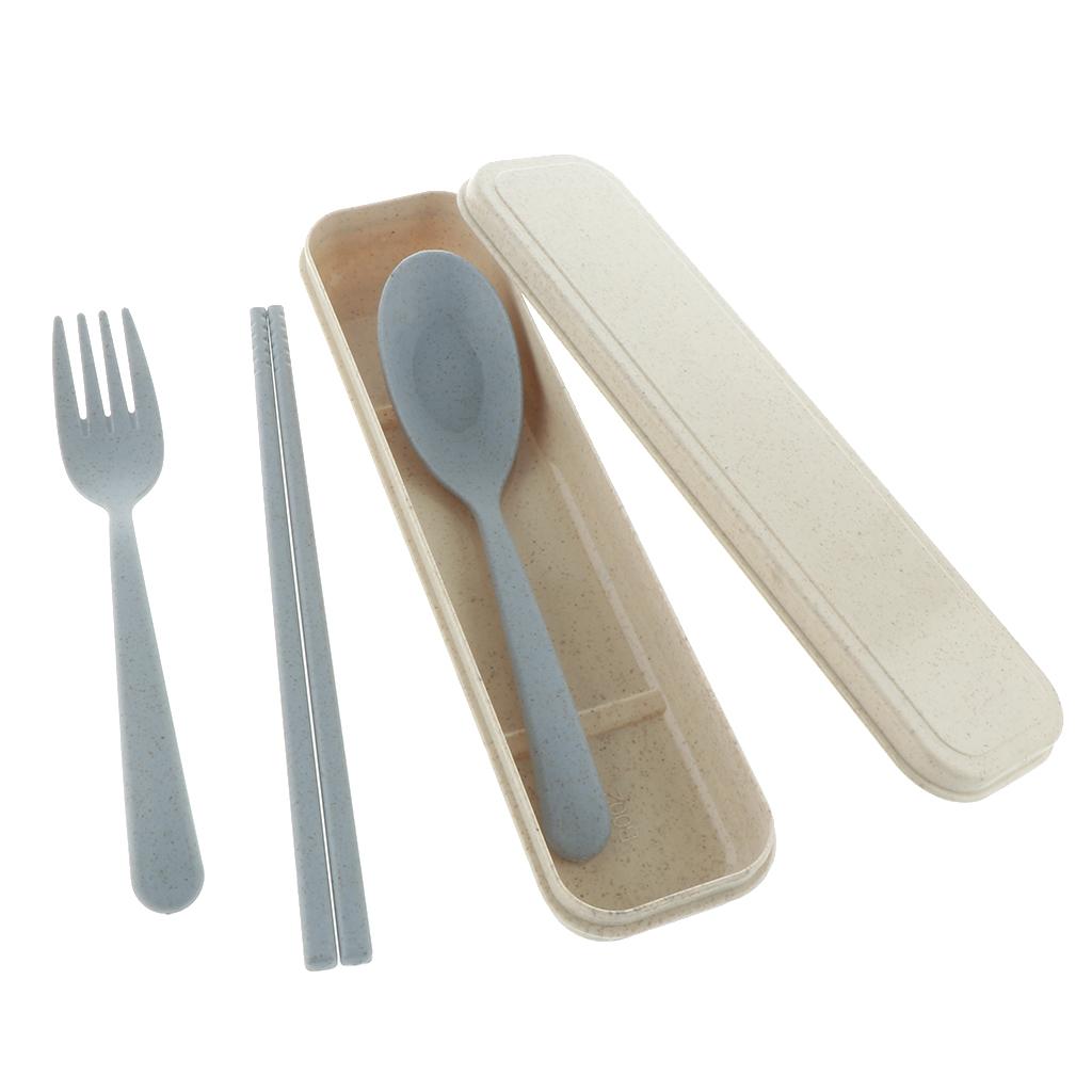 3Pcs Travel Outdoor Tableware Set Spoon Fork Chopsticks with Case Blue