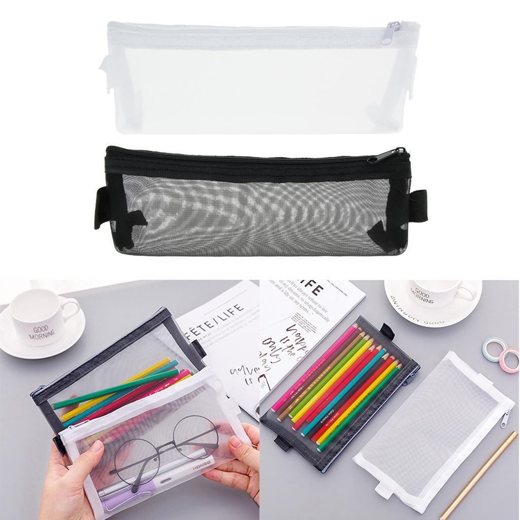 Perspective Mesh Pencil Case Pen Makeup Bag Pouch Zipper Design White