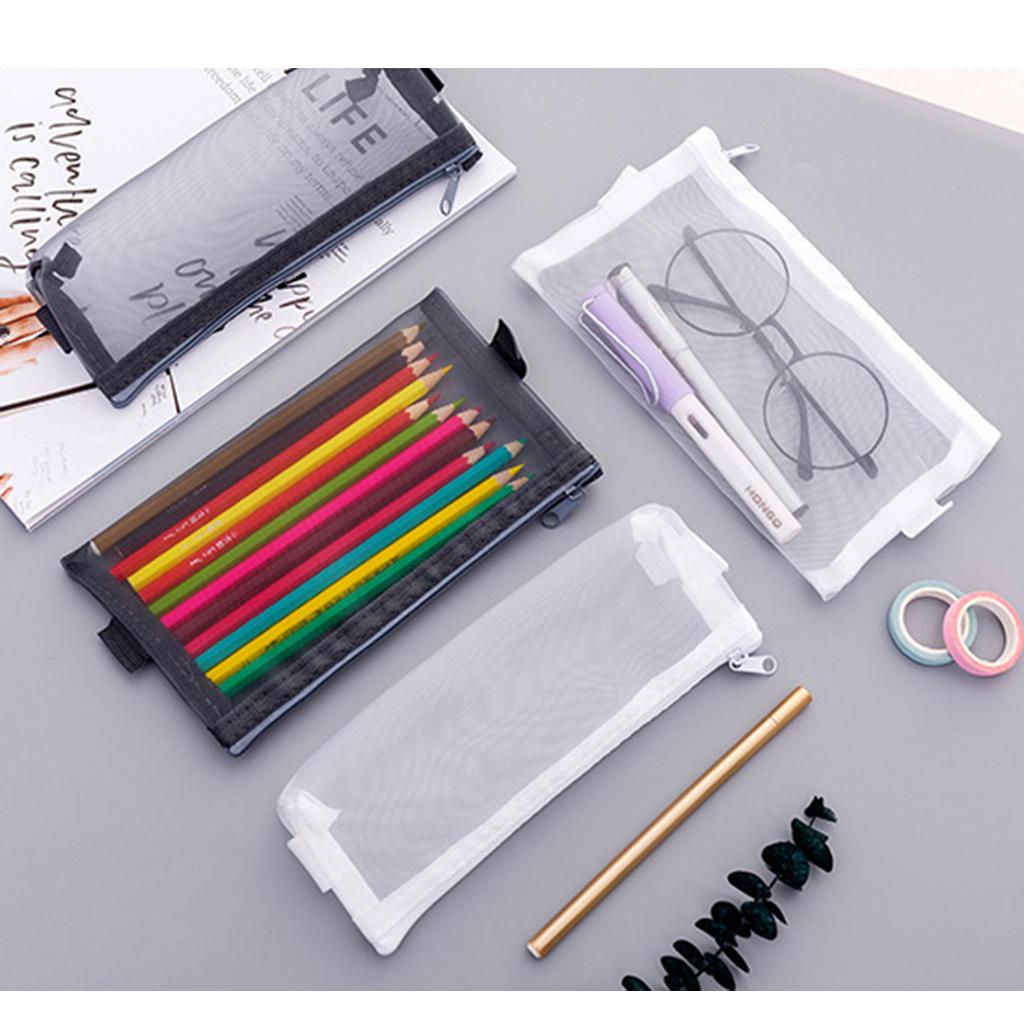 Perspective Mesh Pencil Case Pen Makeup Bag Pouch Zipper Design Black