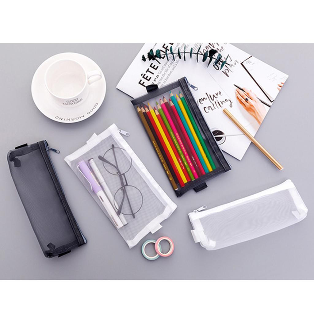 Perspective Mesh Pencil Case Pen Makeup Bag Pouch Zipper Design Black