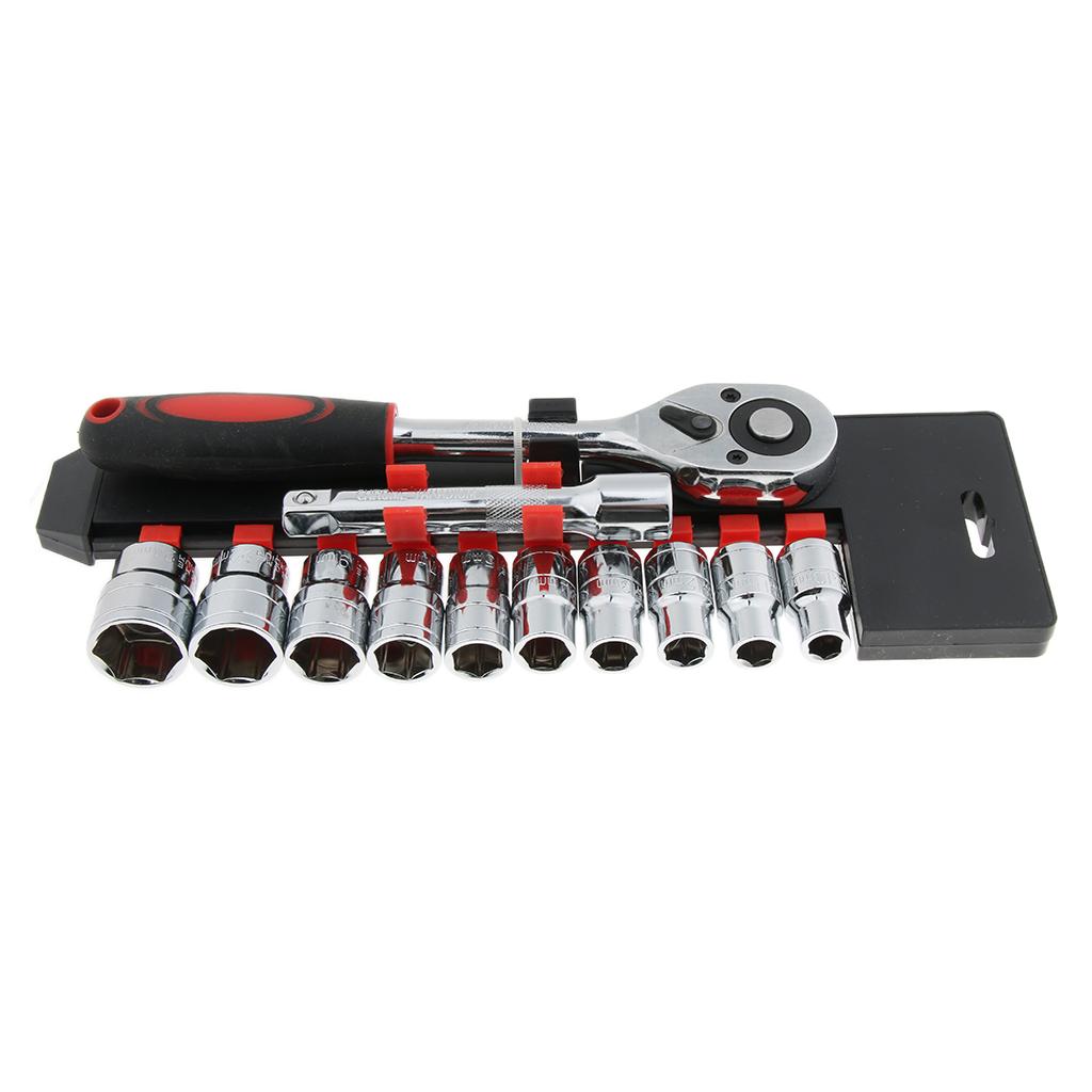 12Pcs 1/4 inch Ratchet Wrench Kit Auto Repair Tools 10Pcs Metric Socket and 1 Extension Rod Manual Hardware