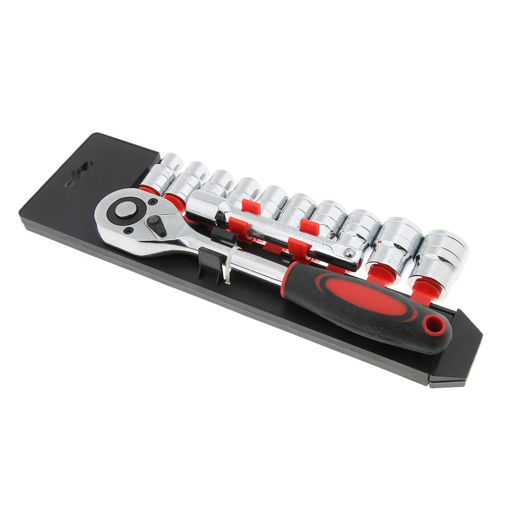 12Pcs 1/4 inch Ratchet Wrench Kit Auto Repair Tools 10Pcs Metric Socket and 1 Extension Rod Manual Hardware B