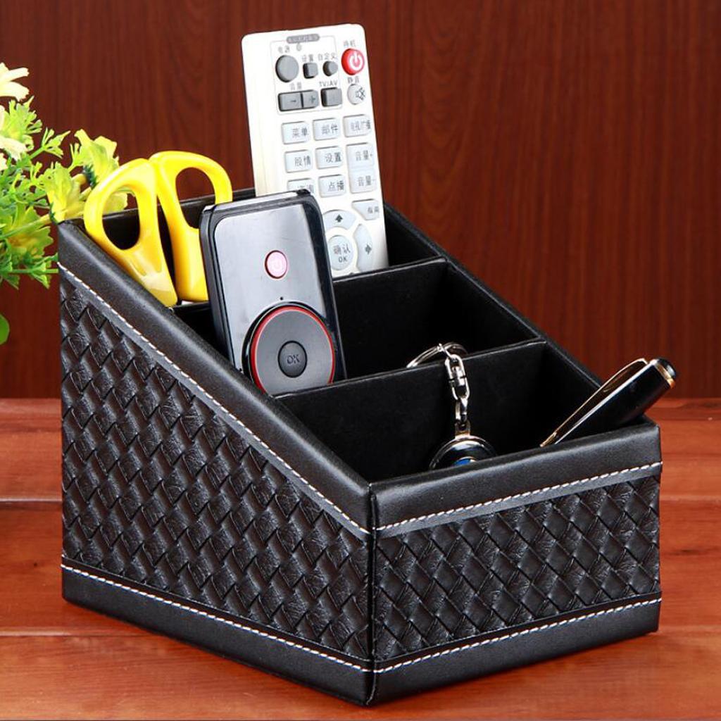 Artificial Leather Office Desktop Storage Holder Box Organizer Black Grid