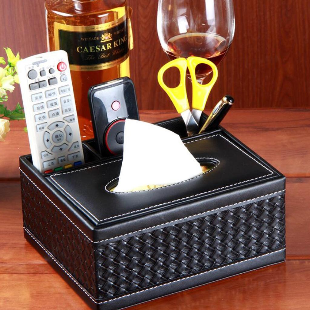 PU Leather Tissue Box Cover Napkin Case Holder Organizer Black Woven S
