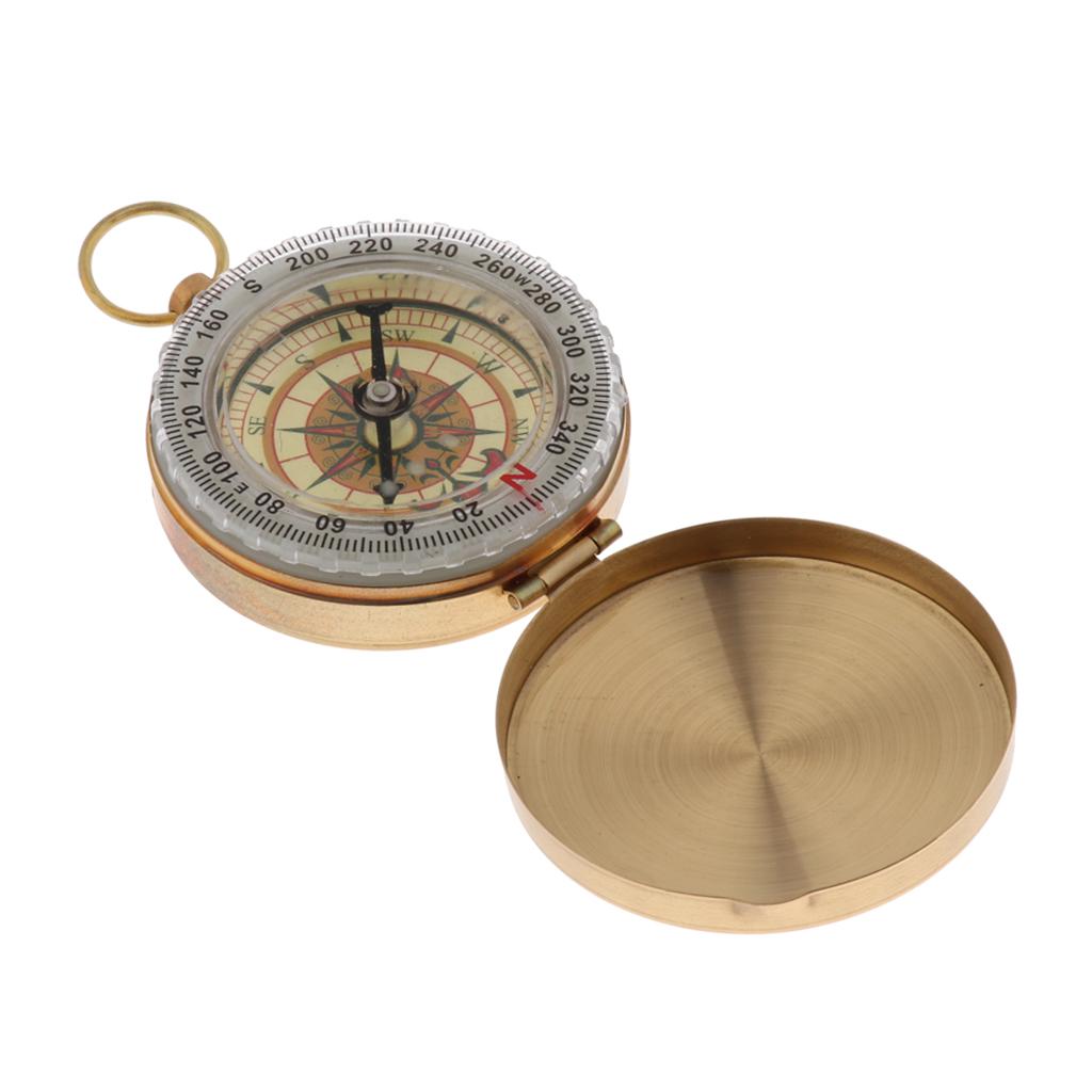 Brass Gold Outdoor Portable Clamshell Lanyard Keychain Night-light Compass