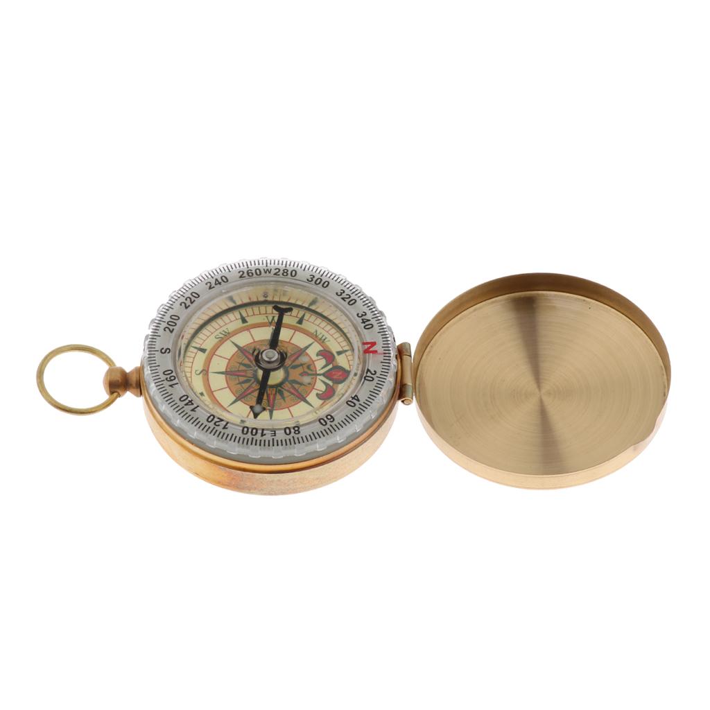 Brass Gold Outdoor Portable Clamshell Lanyard Keychain Night-light Compass