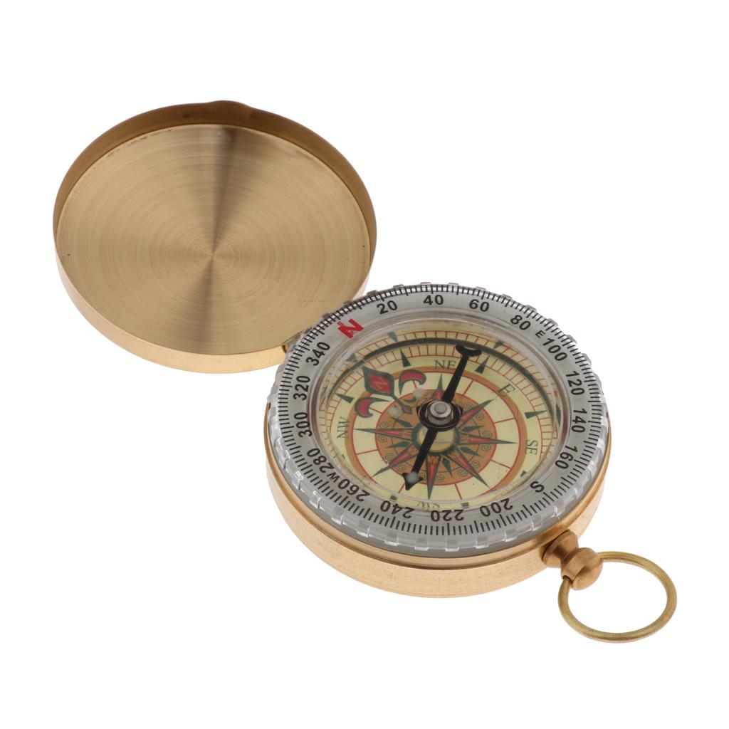 Brass Gold Outdoor Portable Clamshell Lanyard Keychain Night-light Compass