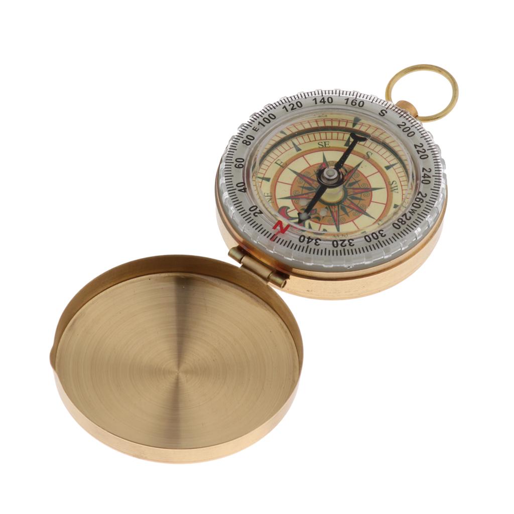 Brass Gold Outdoor Portable Clamshell Lanyard Keychain Night-light Compass