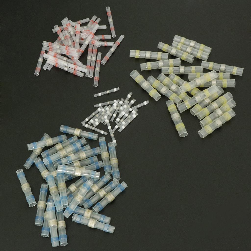 100PCS Solder Seal Wire Connectors Electrical Waterproof Butt Connectors（10WHITE,20RED,15BLUE,5YELLOW）