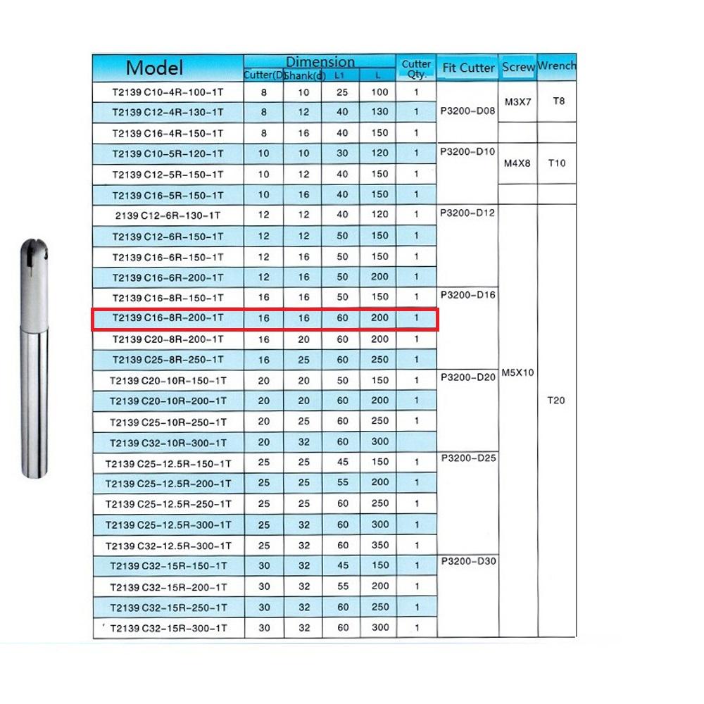 T2132 CNC Ball Nose End Milling Cutter Shank Holder T2139 -C16-8R-200-1T