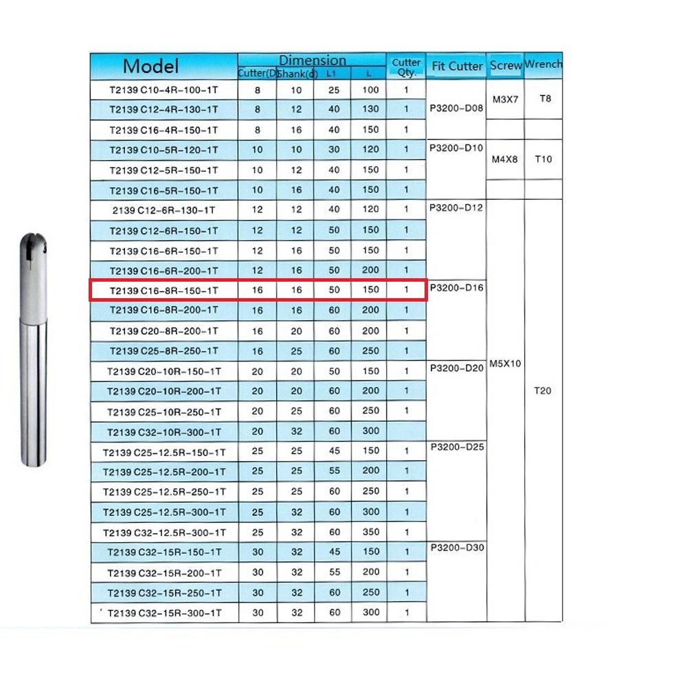 T2132 CNC Ball Nose End Milling Cutter Shank Holder T2139 -C16-8R-150-1T