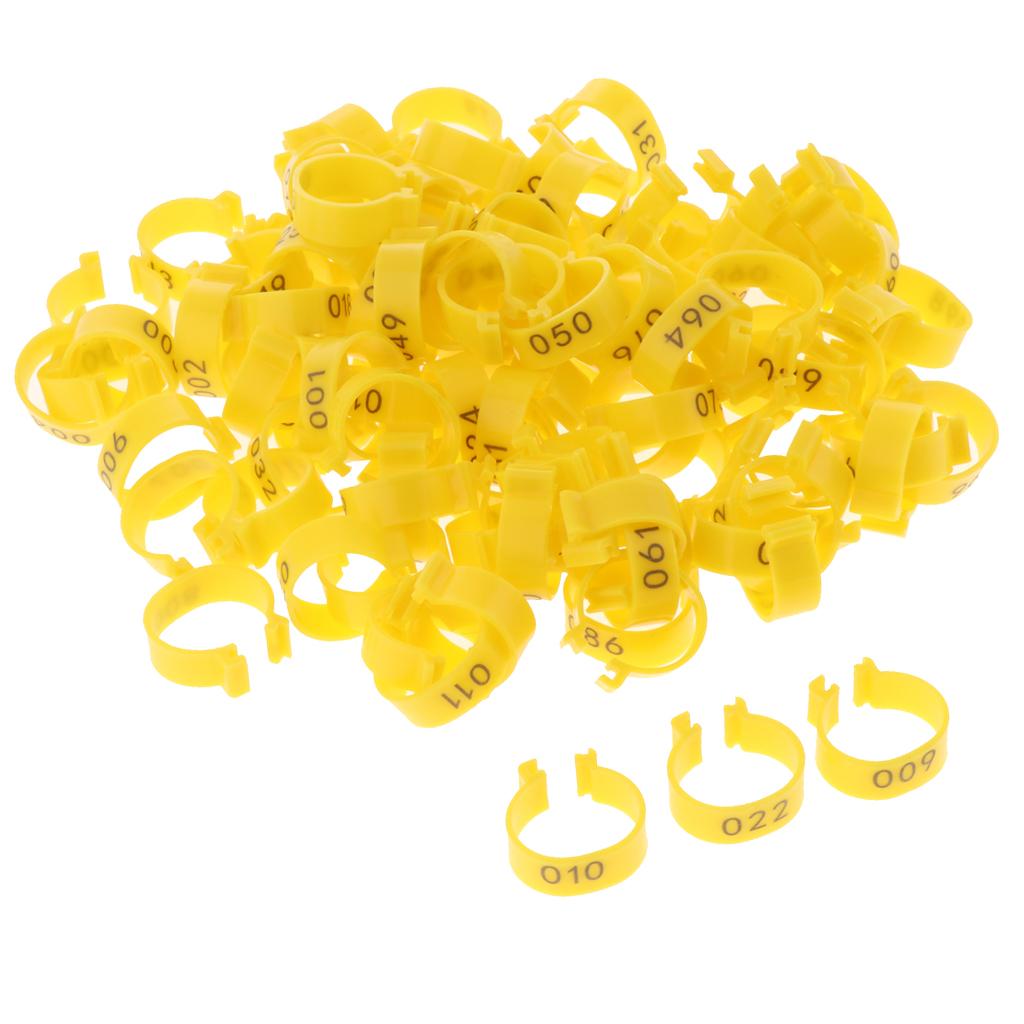 100PCS Small Numbered Poultry Chicken Foot Leg Ring Clips Diam. 1.6cm Yellow