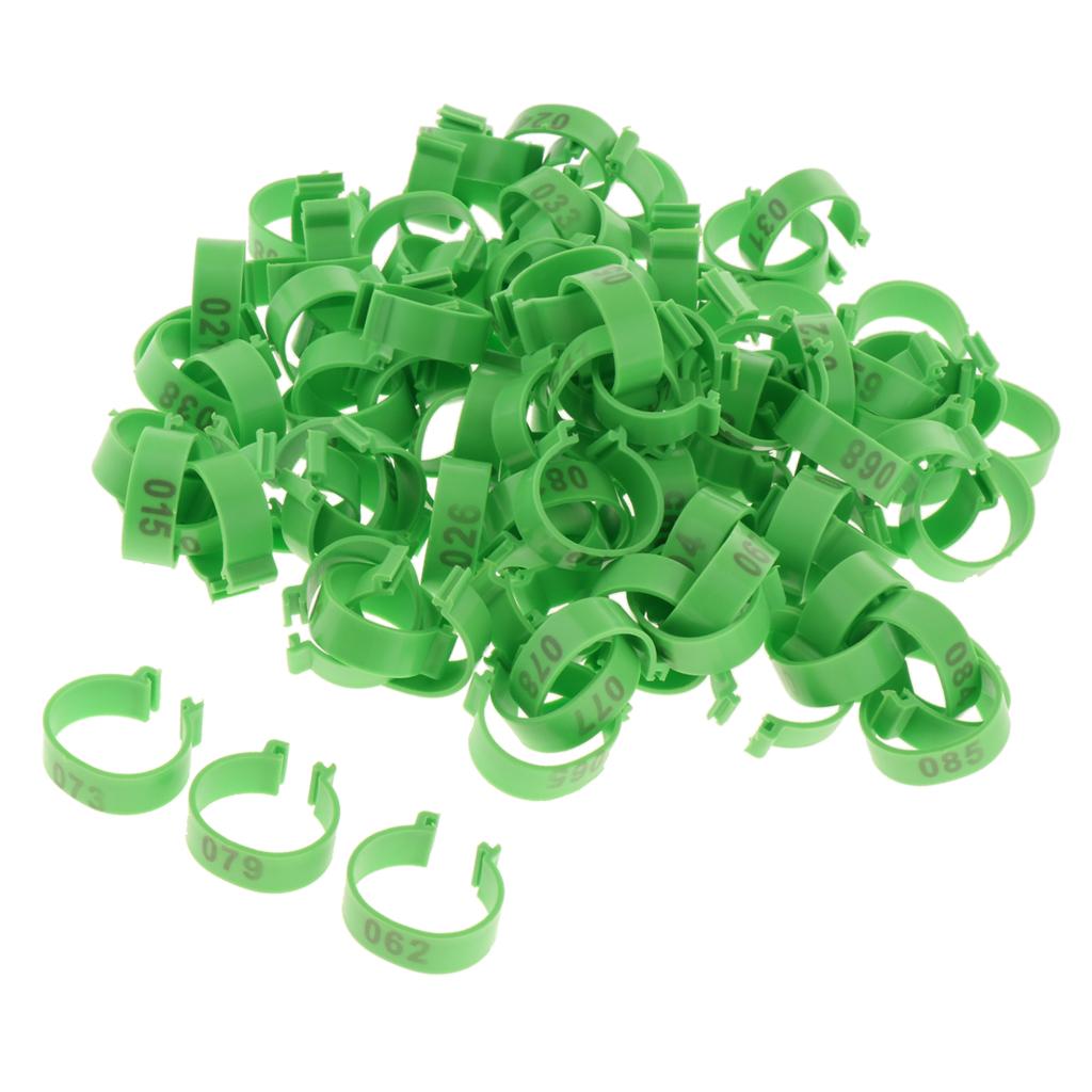 100PCS Small Numbered Poultry Chicken Foot Leg Ring Clips Diam. 1.6cm Green