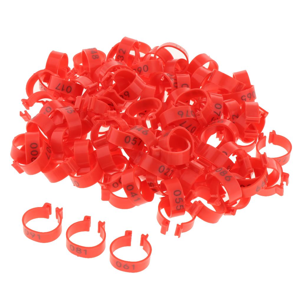 100PCS Small Numbered Poultry Chicken Foot Leg Ring Clips Diam. 1.6cm Red