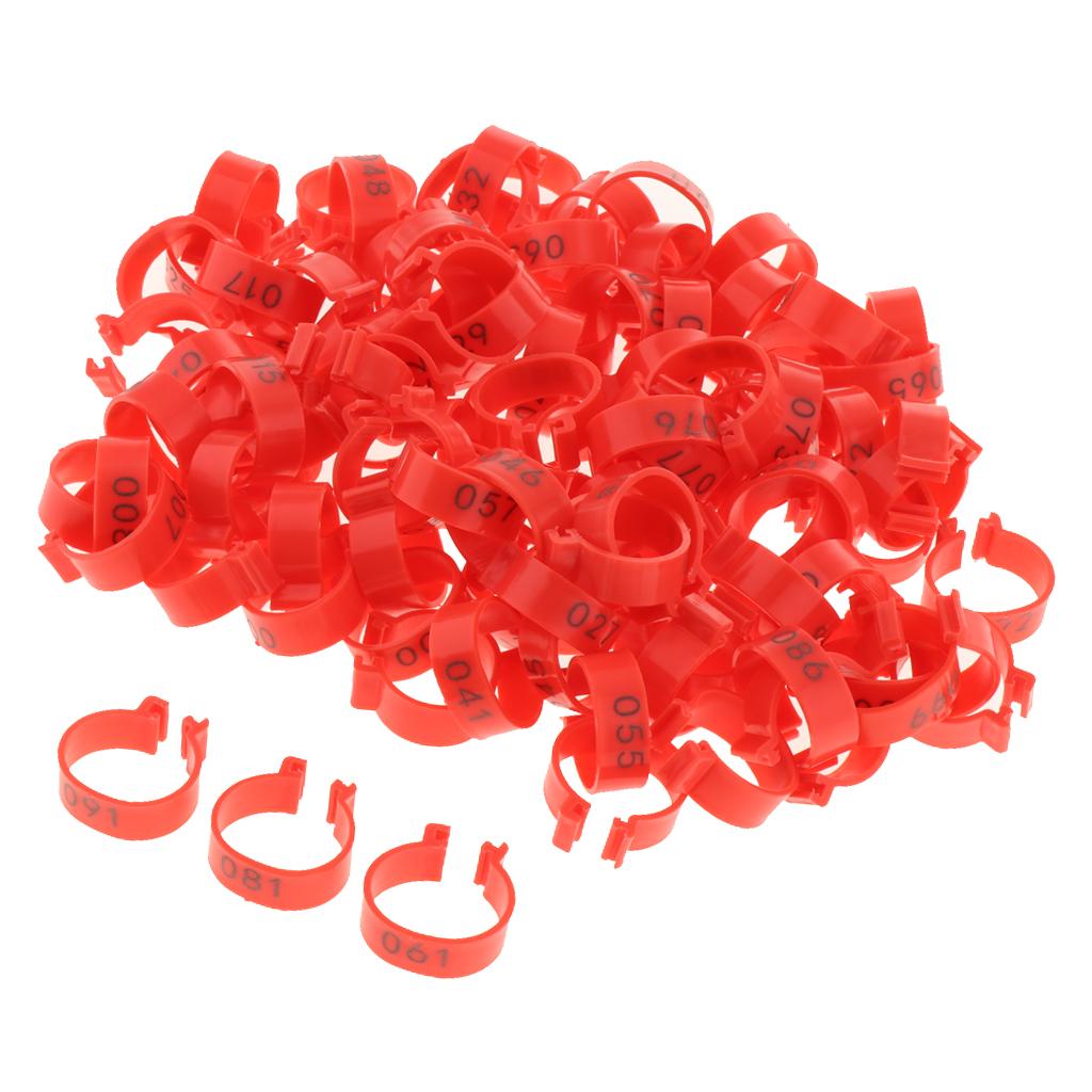 100PCS Small Numbered Poultry Chicken Foot Leg Ring Clips Diam. 2.0cm Red