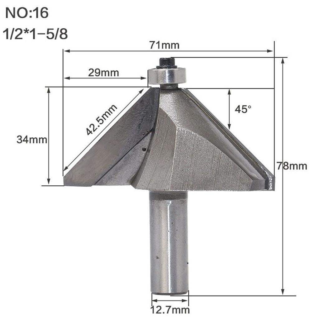 45 degrees Chamfer Router Bit for Carpentry Rounding Beveling 1/2" Shank 16
