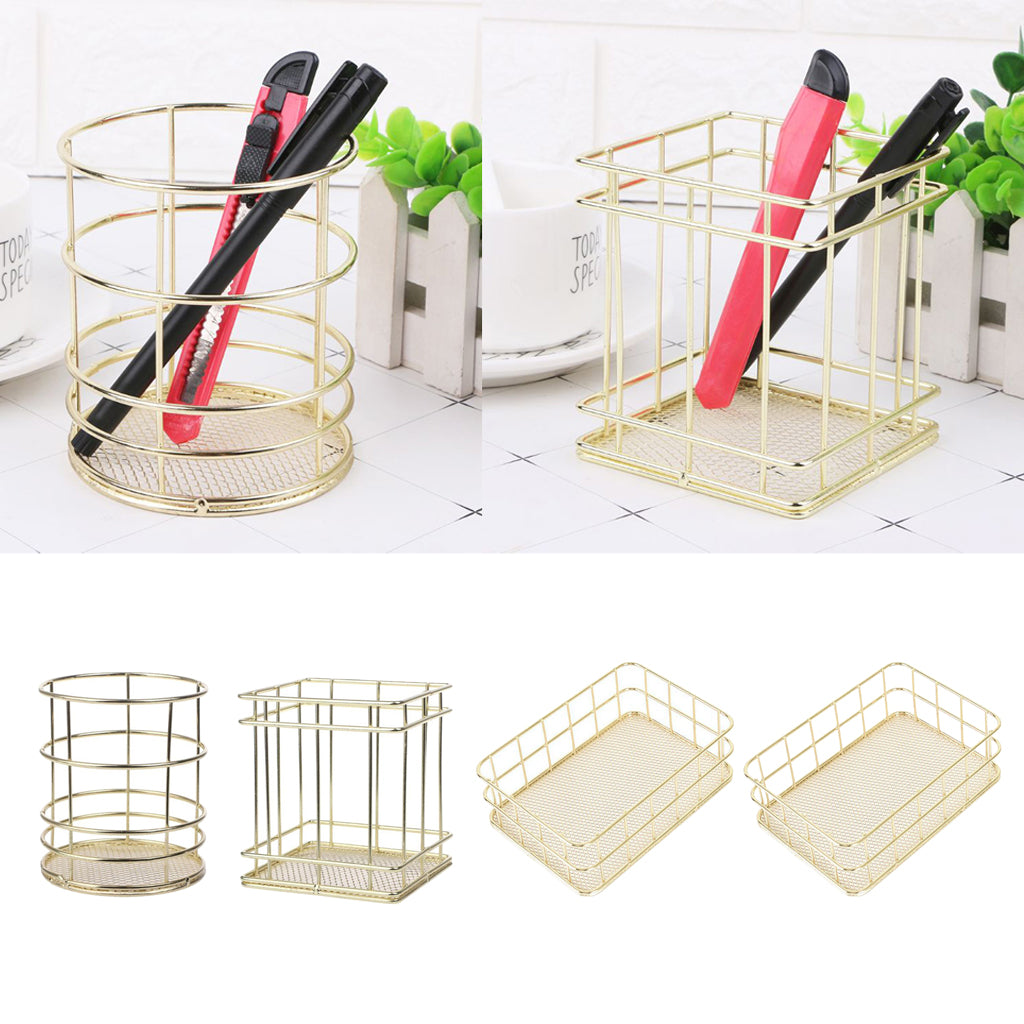 Gold Metal Wire Mesh Pen Pot / Pen Pencil Brush Holder / Desk Organizer, Firm, Long Lasting