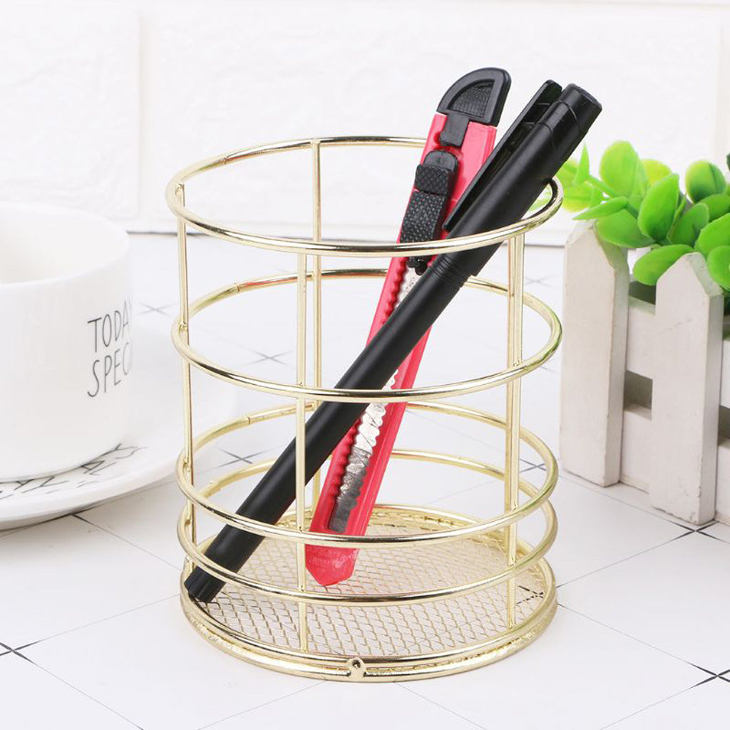 Gold Metal Wire Mesh Pen Pot / Pen Pencil Brush Holder / Desk Organizer, Firm, Long Lasting