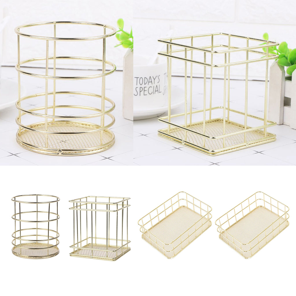 Gold Metal Wire Mesh Pen Pot / Pen Pencil Brush Holder / Desk Organizer, Firm, Long Lasting